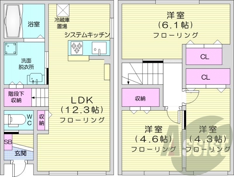 3LDK、システムキッチン、エアコン、独立洗面台