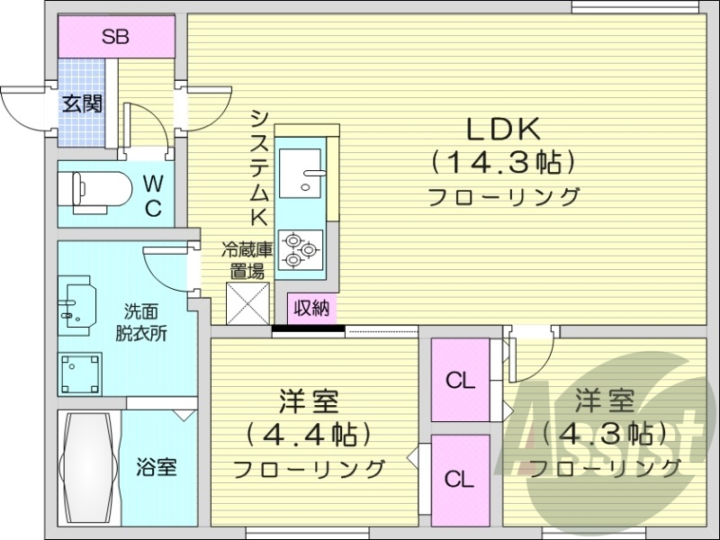 2LDK、エアコン、都市ガス、システムキッチン