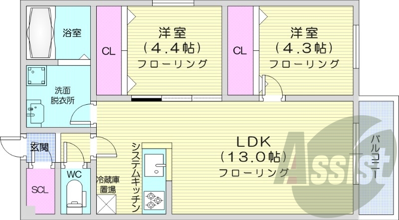 2LDK、エアコン、都市ガス、システムキッチン