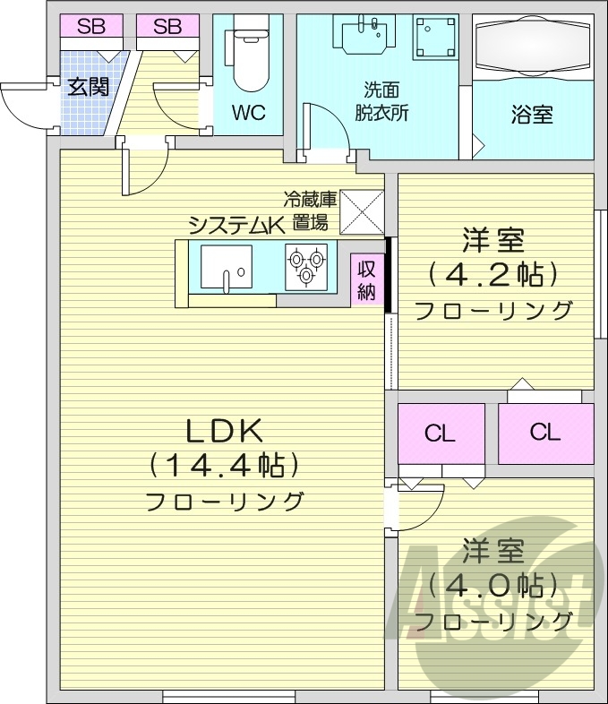 2LDK、エアコン、都市ガス、システムキッチン