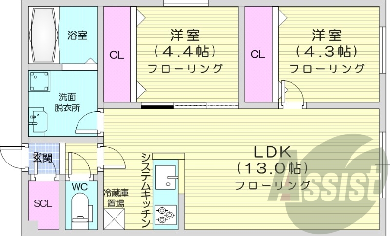 2LDK、エアコン、都市ガス、システムキッチン
