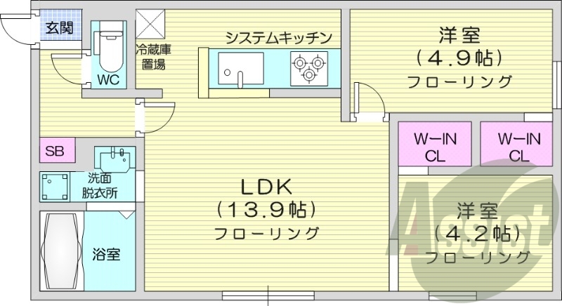 2LDK、エアコン、独立洗面台、システムキッチン、