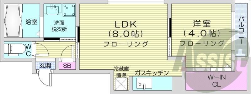 1LDK、エアコン、ガスキッチン、ネット無料