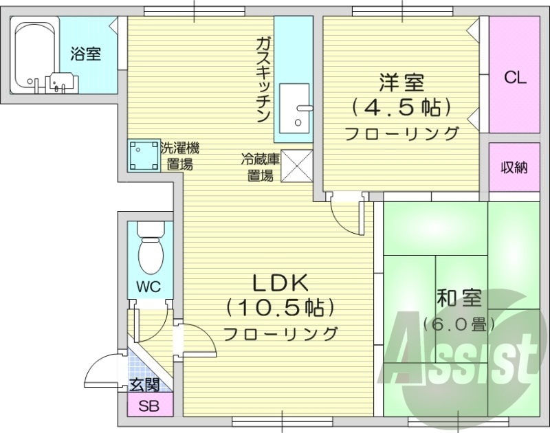 2LDK、灯油暖房、洗面台、ガスキッチン