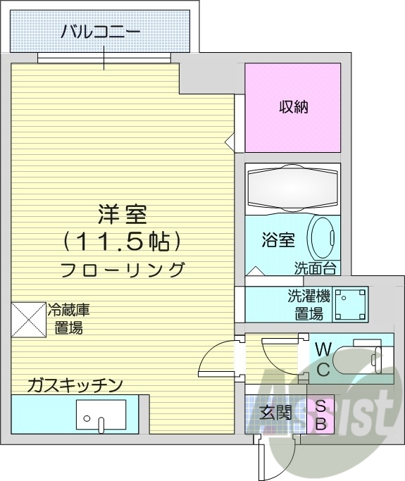 1R、都市ガス、灯油暖房、バルコニー