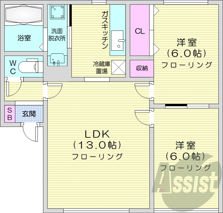 2LDK、エアコン、独立洗面台、ガスキッチン