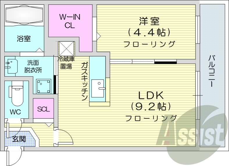 1LDK、エアコン、ガス暖房、システムキッチン、独立洗面台
