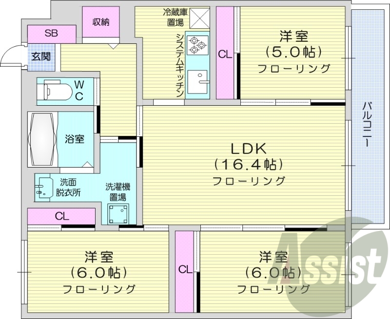 3LDK、エアコン、1坪バス、ネット無料、システムキッチン