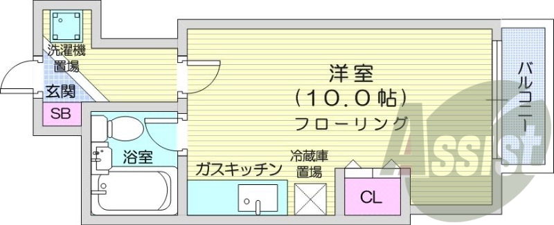 1R、エレベーター、バルコニー、灯油暖房、室内洗濯機置場