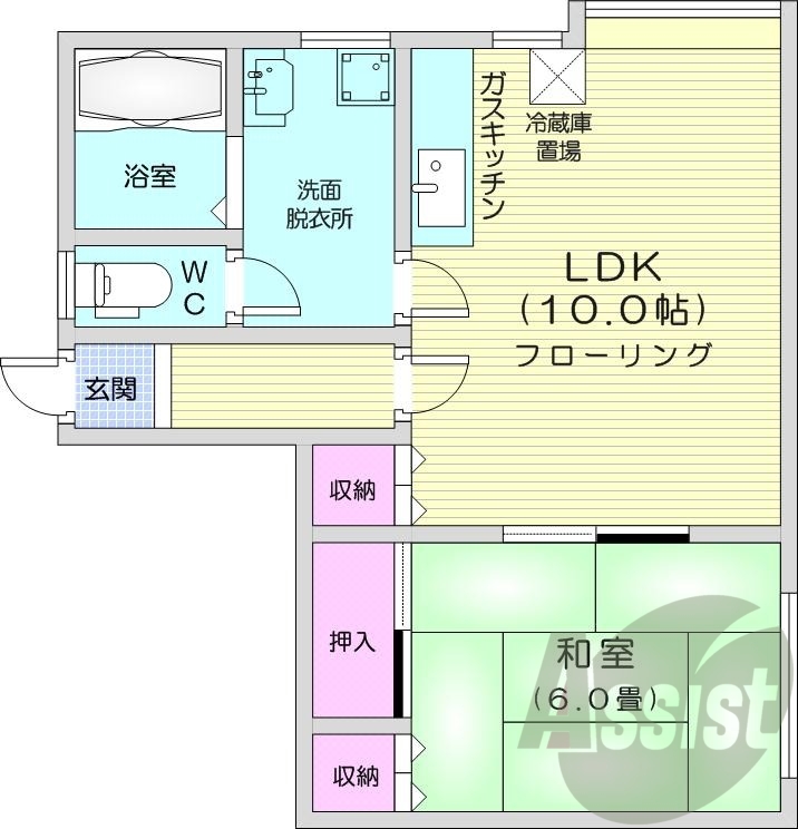 1LDK、バストイレ別、ガス暖房、ペット可