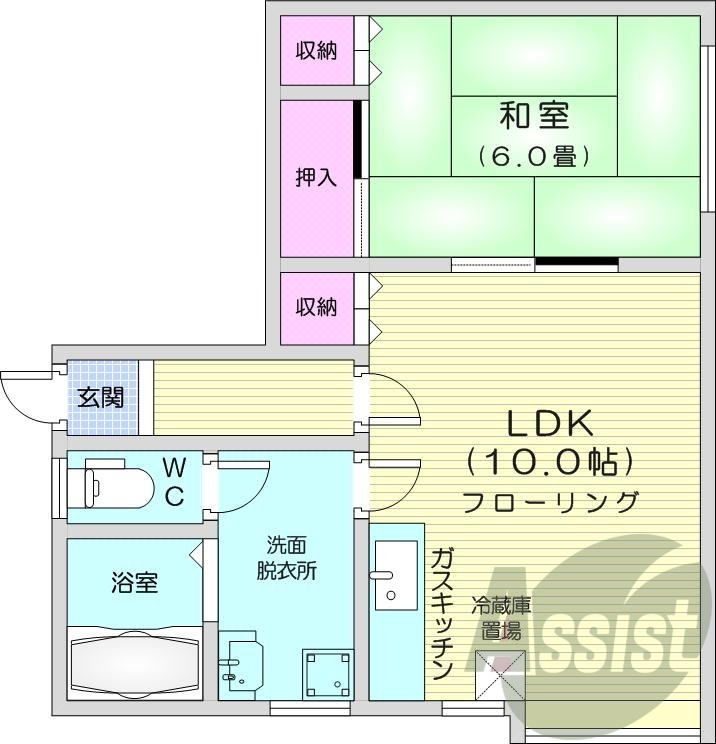 1LDK、バストイレ別、ガス暖房、ペット可