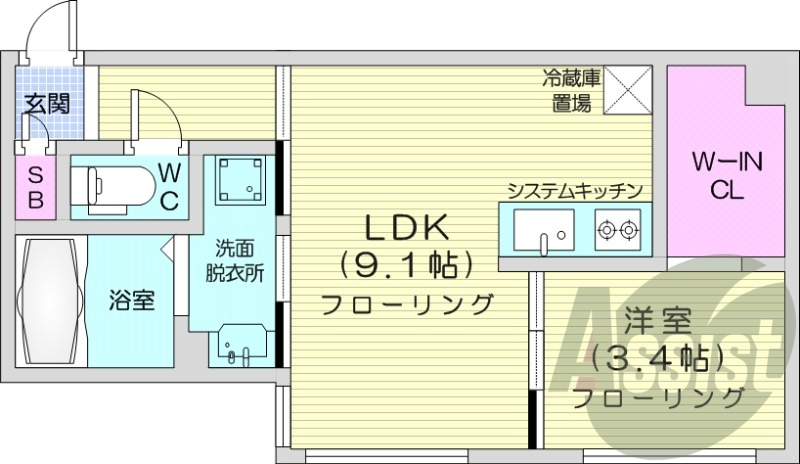 1LDK、エアコン、都市ガス、システムキッチン