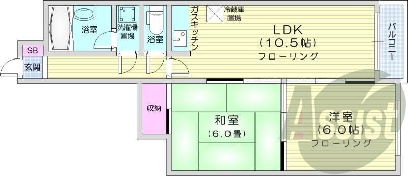 2LDK、都市ガス、灯油暖房、洗面台
