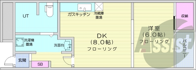1LDK、都市ガス、独立洗面台、