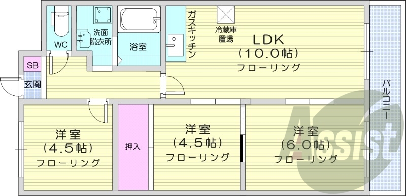 3LDK、エアコン、灯油暖房、独立洗面台