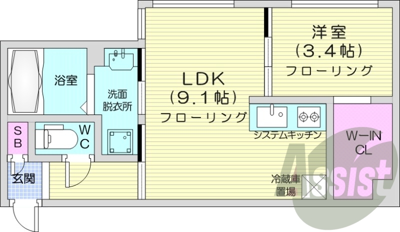 1LDK、エアコン、都市ガス、システムキッチン