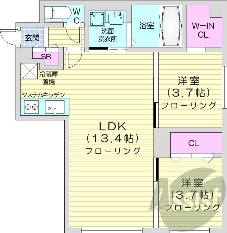 2LDK、エアコン、都市ガス、システムキッチン