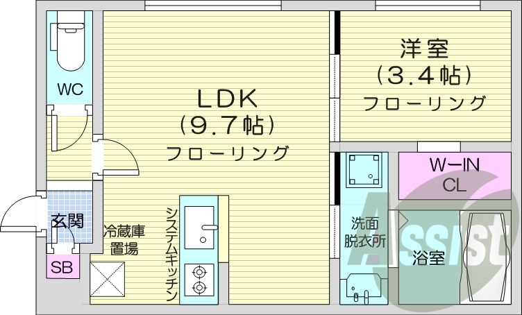 1LDK、エアコン、都市ガス、システムキッチン