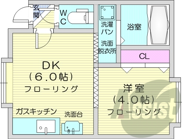 1DK、エアコン、独立洗面台、ガスキッチン