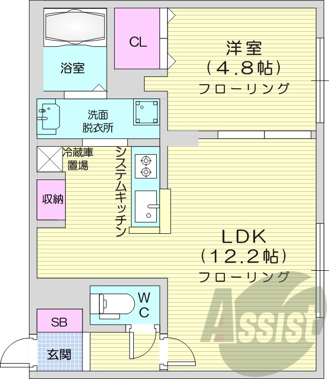 1LDK、エアコン、システムキッチン、独立洗面台