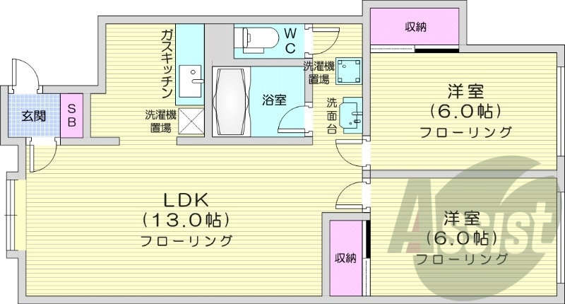 2LDK、エアコン、独立洗面台、トランクルーム