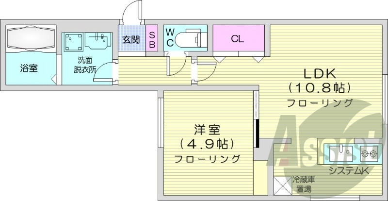 1LDK、独立洗面台、灯油暖房、システムキッチン