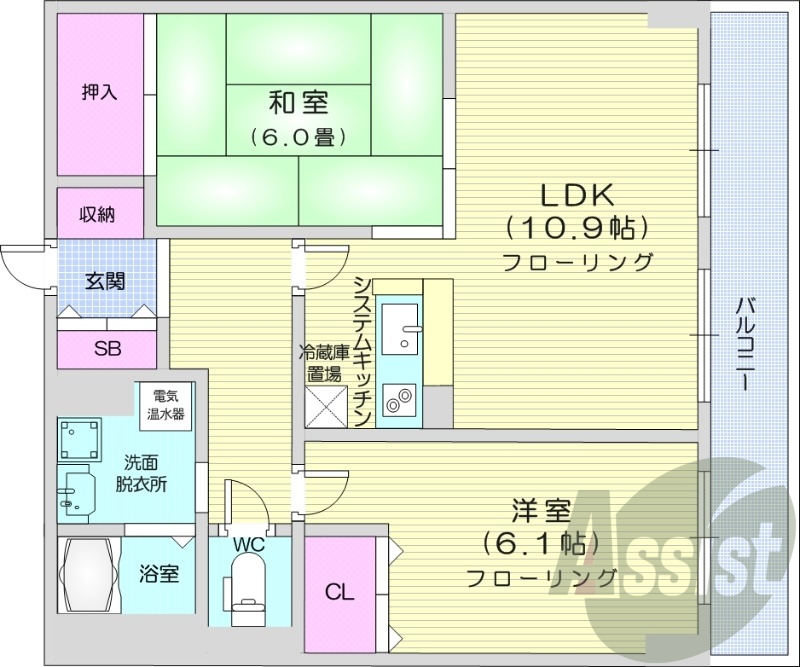 2LDK、オール電化、IH、独立洗面台
