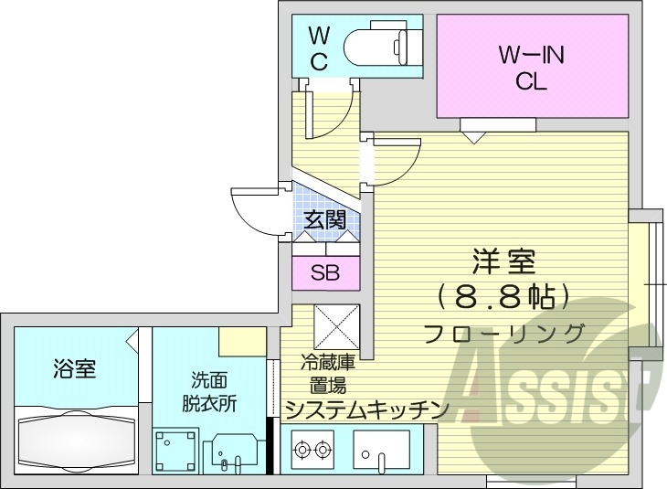 1R、都市ガス、エアコン、独立洗面台、システムキッチン