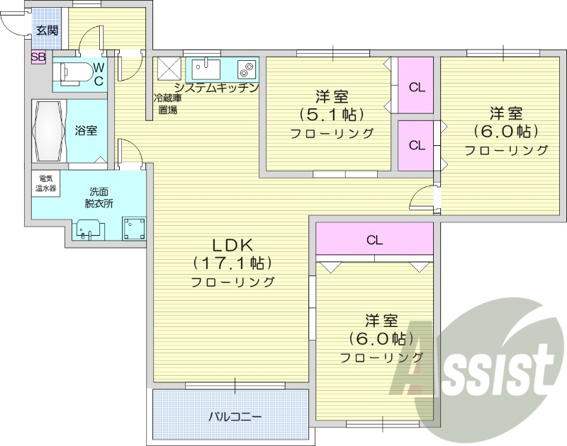 3LDK、トランクルーム、エアコン、オートロック