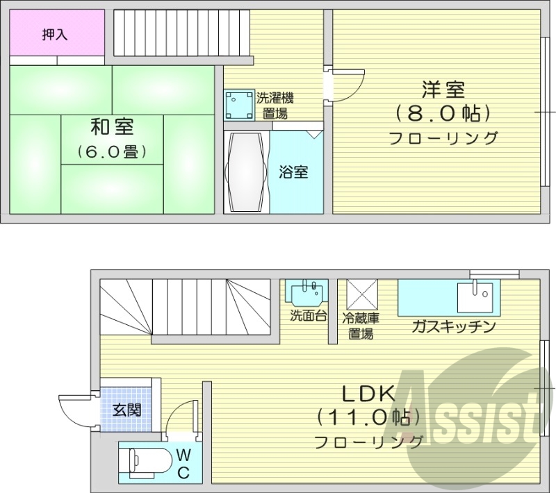 2LDK、エアコン、独立洗面台、ガスキッチン