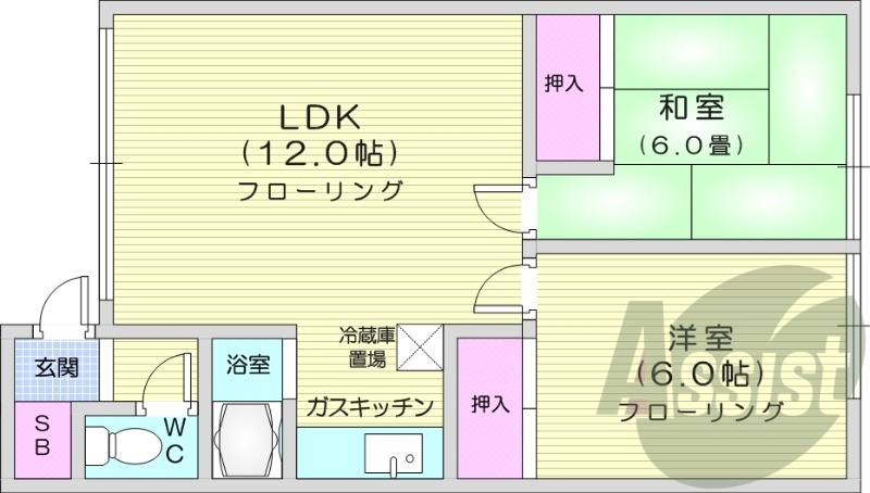 2LDK、バス・トイレ別、最上階、室内洗濯機置場