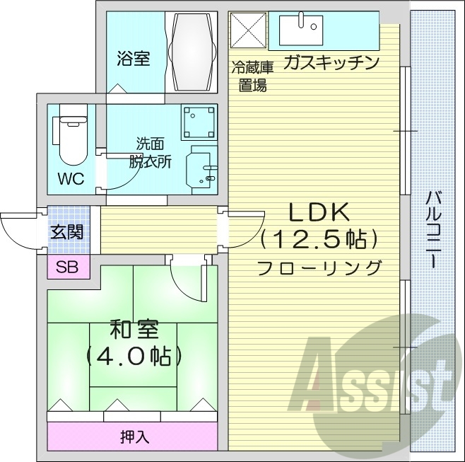 1LDK、都市ガス、ガス暖房、ネット無料