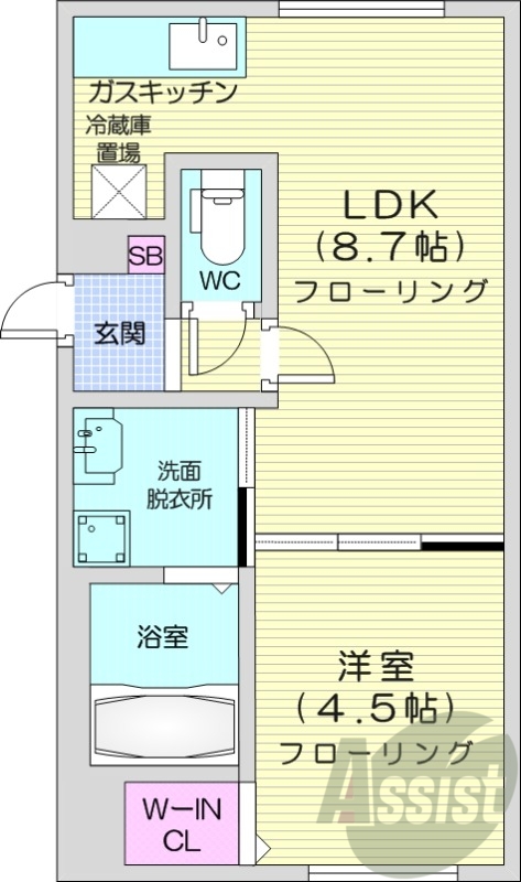 1LDK、都市ガス、エアコン、浴室乾燥機、オートロック