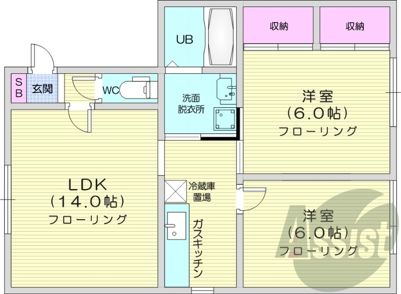 2LDK、バストイレ別、独立洗面台、エアコン
