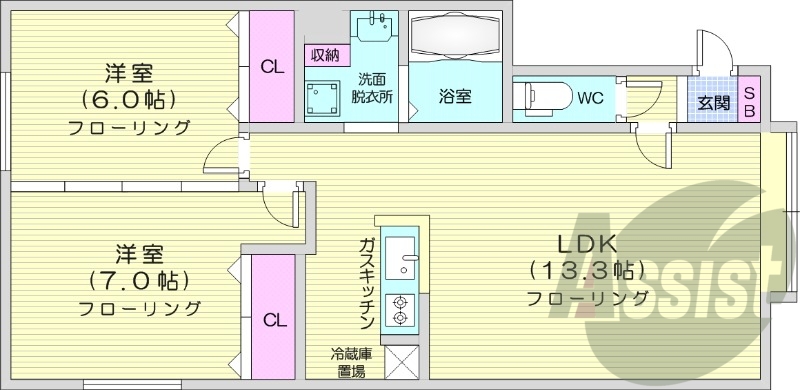 2LDK、トランクルーム、独立洗面台、灯油暖房