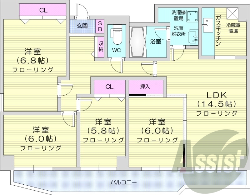 4LDK、都市ガス、エレベーター、バルコニー