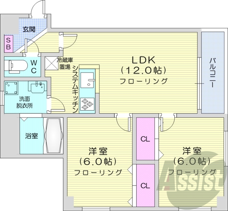 2LDK、システムキッチン、灯油暖房、ネット無料