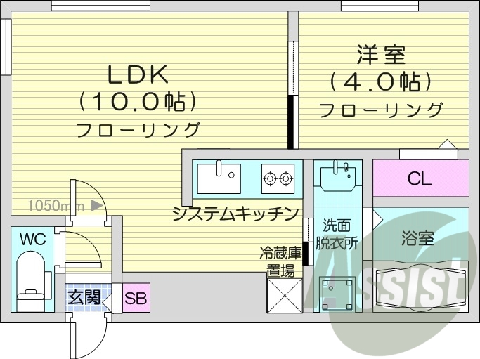 1LDK、エアコン、浴室乾燥機、システムキッチン