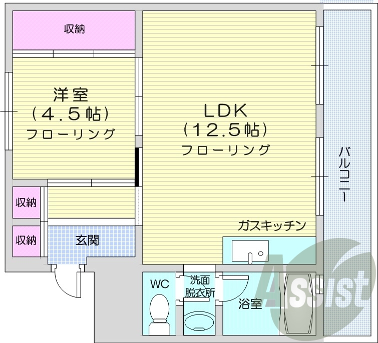 1LDK、都市ガス、トランクルーム、独立洗面台、エアコン