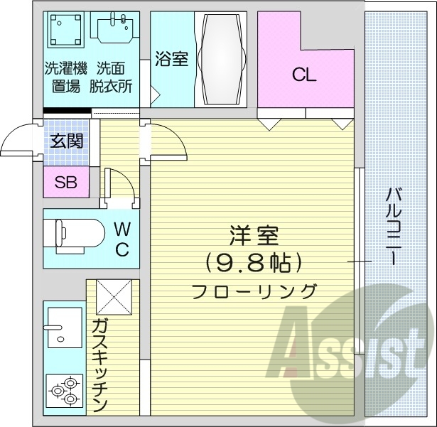 1K、洗面脱衣所、クローゼット、ガスコンロ3口