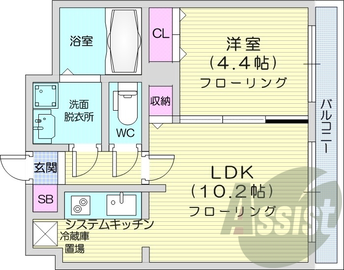 1LDK、システムキッチン、ウォシュレット、シューズボックス