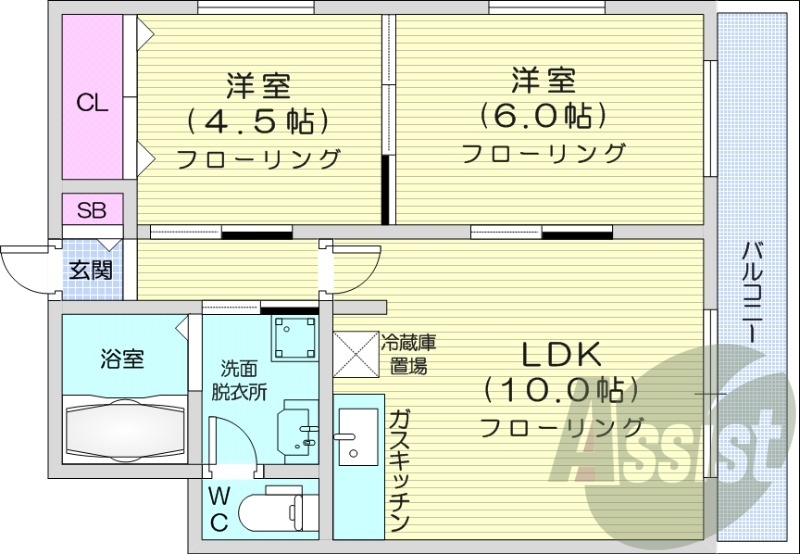 2LDK、灯油暖房、独立洗面台、ネット使用料不要