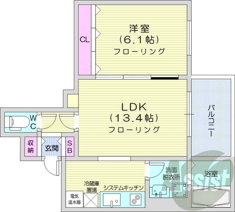 1LDK、独立洗面台、シャワートイレ、システムキッチン