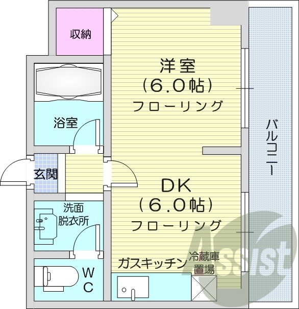1DK、バストイレ別、ネット無料、バルコニー