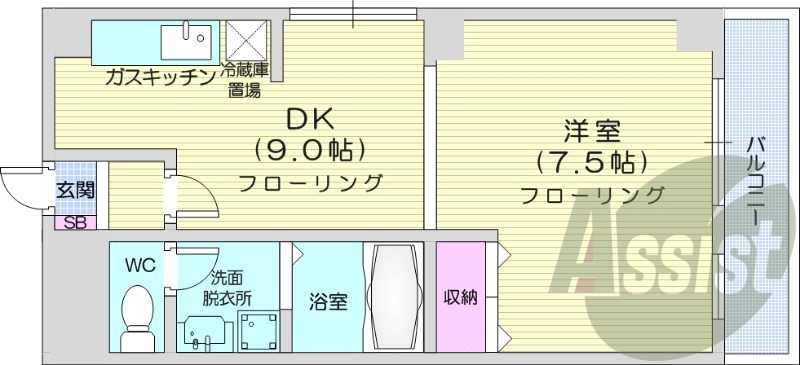 1LDK、バストイレ別、ネット無料、バルコニー