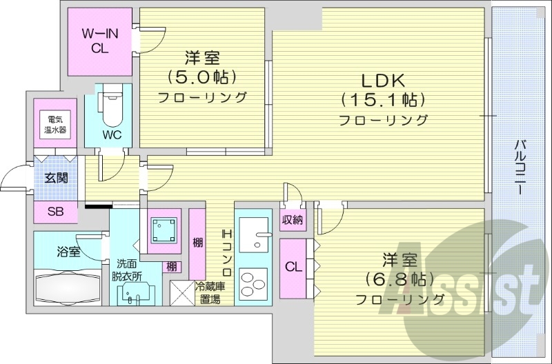 2LDK、収納、洗濯機置場、オール電化、バストイレ別