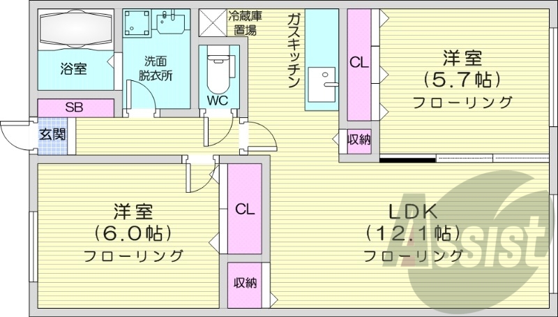 2LDK、オートロック、バストイレ別、灯油暖房