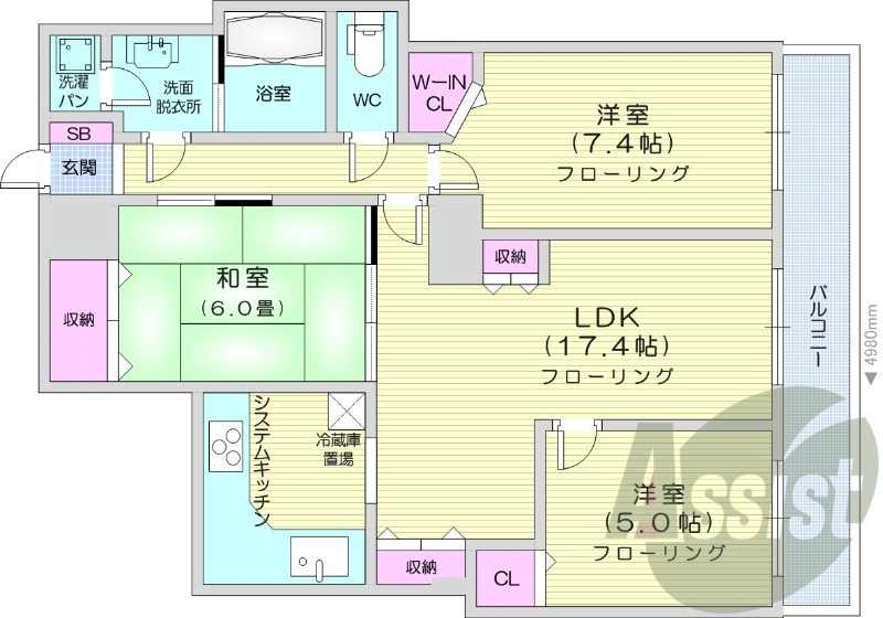 3LDK、エアコン、独立洗面台、システムキッチン