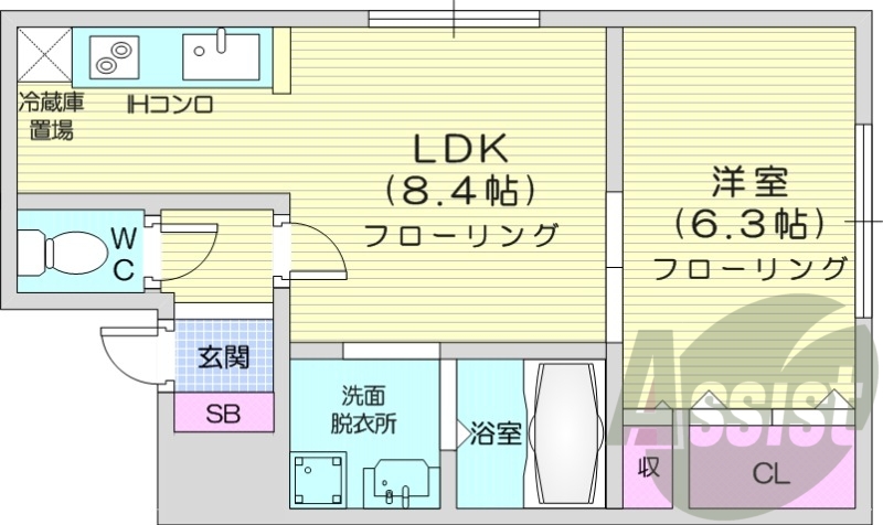 1LDK、システムキッチン、バストイレ別、エアコン