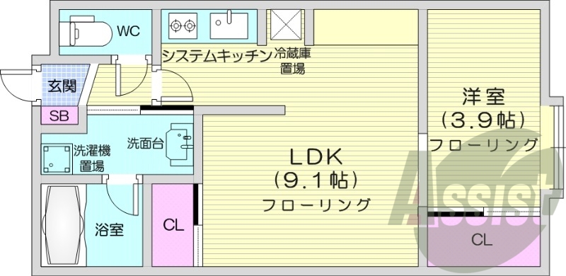 1LDK、エアコン、ネット無料、システムキッチン